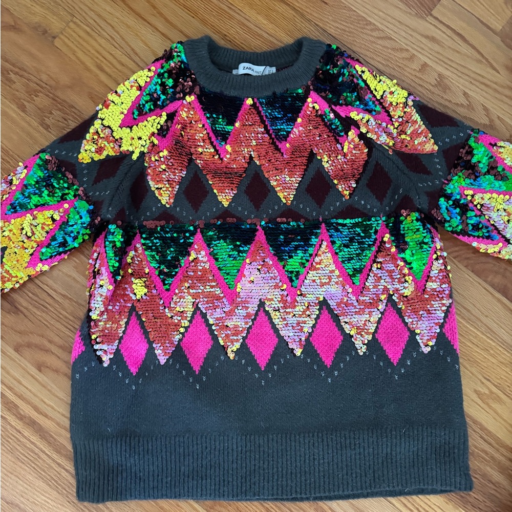 Zara Dark Gray Crewneck Sweater with Neon Sequin Geo Pattern - Picture 2 of 3